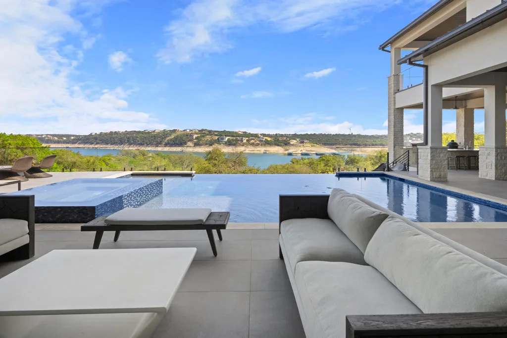 An infinity pool looking out over Lake Travis